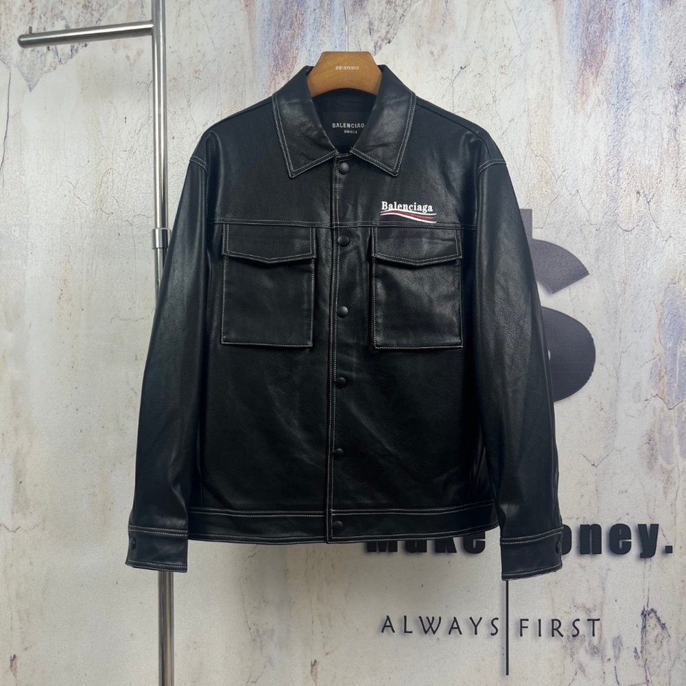 Balenciaga Black Leather Bomber Jacket with Chest Pockets